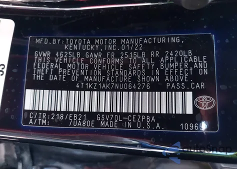 2022 Toyota Camry Trd из США, поврежденный, VIN 4T1KZ1AK7NU064276